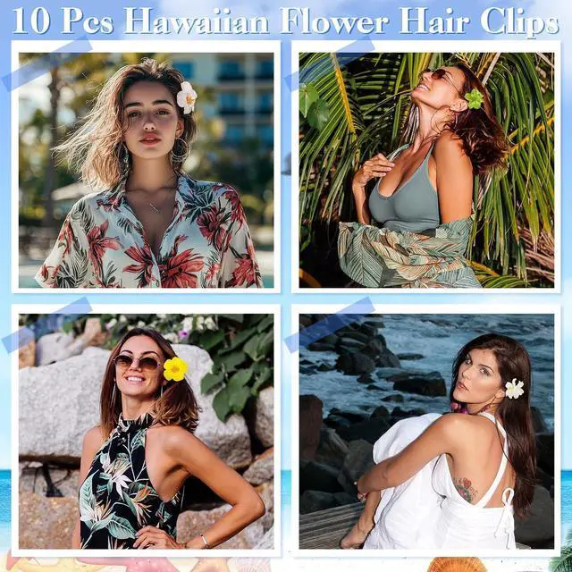 Alt view image 3 of 7 - 10 Pcs Hawaiian Flower Hair Clips for Women, Plumeria Hibiscus Hair Clips, 3.5 Inch Artificial Flower Clips for Vacation Party Beach Seaside
