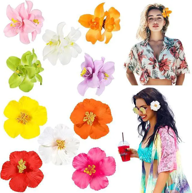 Main image of 10 Pcs Hawaiian Flower Hair Clips for Women, Plumeria Hibiscus Hair Clips, 3.5 Inch Artificial Flower Clips for Vacation Party Beach Seaside