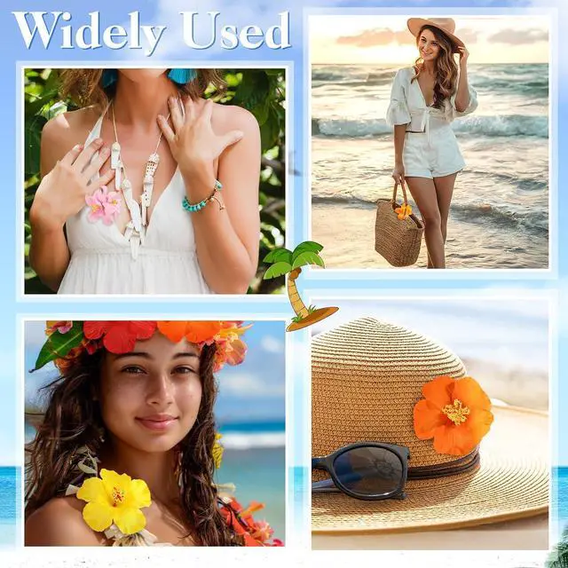 Alt view image 4 of 7 - 10 Pcs Hawaiian Flower Hair Clips for Women, Plumeria Hibiscus Hair Clips, 3.5 Inch Artificial Flower Clips for Vacation Party Beach Seaside