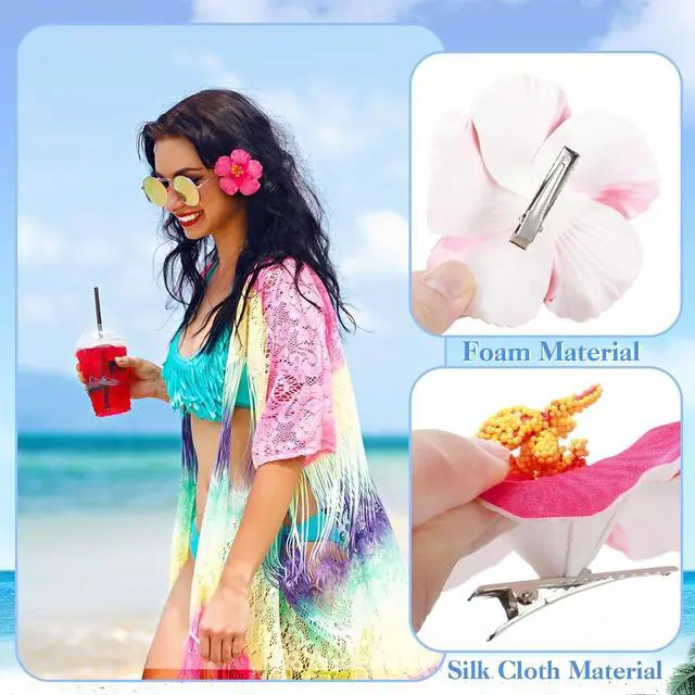 Alt view image 5 of 7 - 10 Pcs Hawaiian Flower Hair Clips for Women, Plumeria Hibiscus Hair Clips, 3.5 Inch Artificial Flower Clips for Vacation Party Beach Seaside