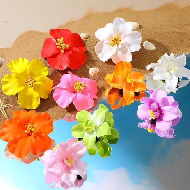 Alt view image 6 of 7 - 10 Pcs Hawaiian Flower Hair Clips for Women, Plumeria Hibiscus Hair Clips, 3.5 Inch Artificial Flower Clips for Vacation Party Beach Seaside