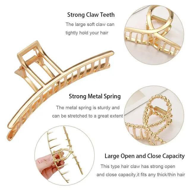 Alt view image 4 of 7 - Parcce 4 Pack Large Metal Hair Clips for Thin to Thick Curly Hair, 4.3 Inch Big Nonslip Gold Color Clamps, Perfect Fashion Jaw Claw Hair Styling Accessories for Women and Girls, Christmas Gifts