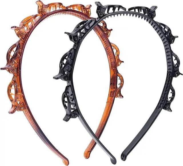 Main image of 2 Pack Clip Headband for Twisty Bangs, 90s Hair Accessories for Women with 8 Mini Clips, Braided Hair Clip Headbands for Y2K Fashion Styling, Black and Brown