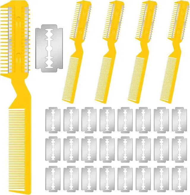 Main image of Yinkin 5 Pieces Razor Comb for Dogs Hair Grooming Trimmer for Pet Razor Comb with 25 Extra Blades Manual Dog Hair Trimmer Double Edge for Cats Hair Cutting Tool(Yellow)