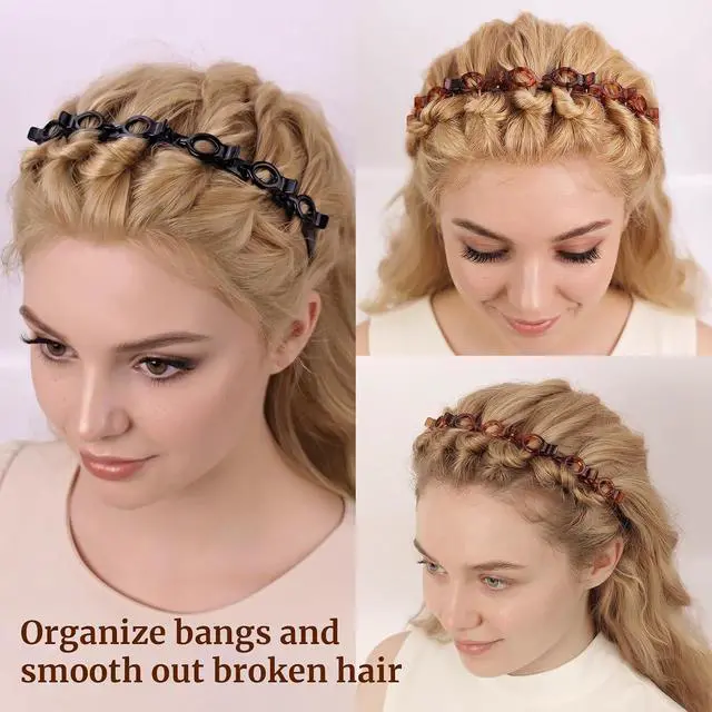 Alt view image 3 of 7 - 2 Pack Clip Headband for Twisty Bangs, 90s Hair Accessories for Women with 8 Mini Clips, Braided Hair Clip Headbands for Y2K Fashion Styling, Black and Brown