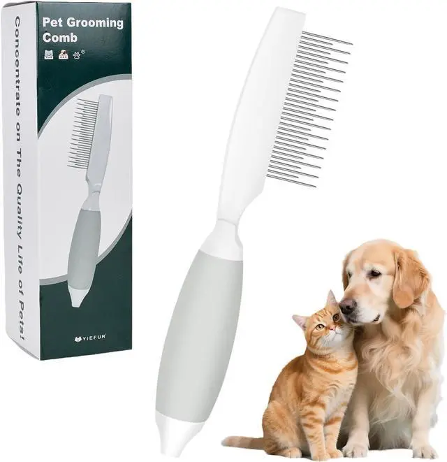 Main image of Cat Grooming Comb, Stainless Steel Dual-Length Teeth, Silicone Handle | Removes Loose Fur & Mats Rounded Stainless Steel Teeth Ergonomic Silicone Grip For Long & Short Hair Cats, Dogs & Rabbits
