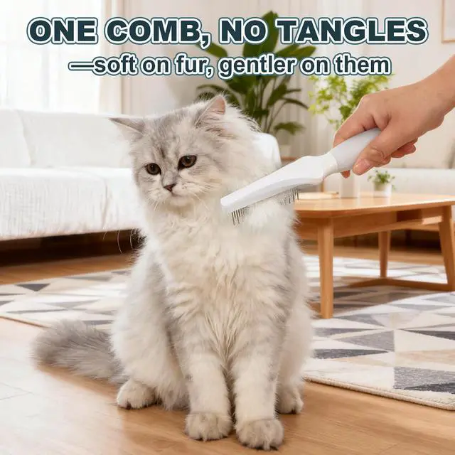 Alt view image 2 of 7 - Cat Grooming Comb, Stainless Steel Dual-Length Teeth, Silicone Handle | Removes Loose Fur & Mats Rounded Stainless Steel Teeth Ergonomic Silicone Grip For Long & Short Hair Cats, Dogs & Rabbits