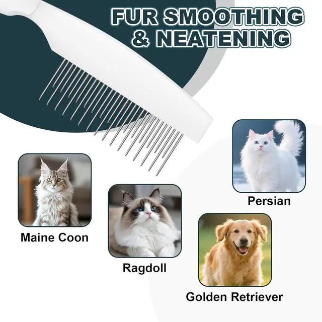 Alt view image 6 of 7 - Cat Grooming Comb, Stainless Steel Dual-Length Teeth, Silicone Handle | Removes Loose Fur & Mats Rounded Stainless Steel Teeth Ergonomic Silicone Grip For Long & Short Hair Cats, Dogs & Rabbits