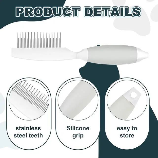 Alt view image 5 of 7 - Cat Grooming Comb, Stainless Steel Dual-Length Teeth, Silicone Handle | Removes Loose Fur & Mats Rounded Stainless Steel Teeth Ergonomic Silicone Grip For Long & Short Hair Cats, Dogs & Rabbits