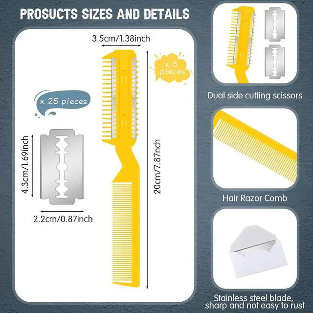 Alt view image 2 of 7 - Yinkin 5 Pieces Razor Comb for Dogs Hair Grooming Trimmer for Pet Razor Comb with 25 Extra Blades Manual Dog Hair Trimmer Double Edge for Cats Hair Cutting Tool(Yellow)