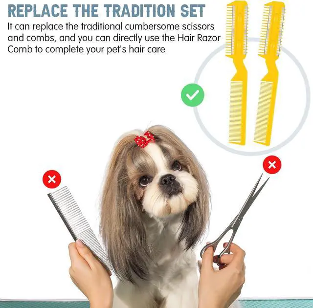 Alt view image 4 of 7 - Yinkin 5 Pieces Razor Comb for Dogs Hair Grooming Trimmer for Pet Razor Comb with 25 Extra Blades Manual Dog Hair Trimmer Double Edge for Cats Hair Cutting Tool(Yellow)