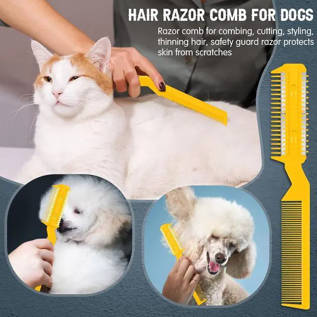 Alt view image 6 of 7 - Yinkin 5 Pieces Razor Comb for Dogs Hair Grooming Trimmer for Pet Razor Comb with 25 Extra Blades Manual Dog Hair Trimmer Double Edge for Cats Hair Cutting Tool(Yellow)