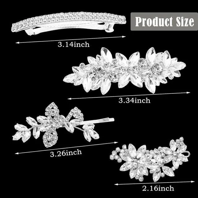 Alt view image 6 of 6 - 4 Pcs Rhinestone Hair Clips for Women Hair Barrettes Silver Bridal hair accessories for Wedding Party Everyday