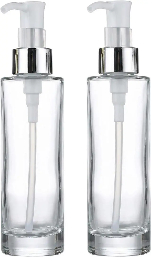 Main image of 2Pcs 120ml/4oz Transparent Glass Lotion Bottles with Pump Top Empty Refillable Liquid Soap Dispense Press Bottle Toiletries Containers for Essential Oils Shampoo Gel