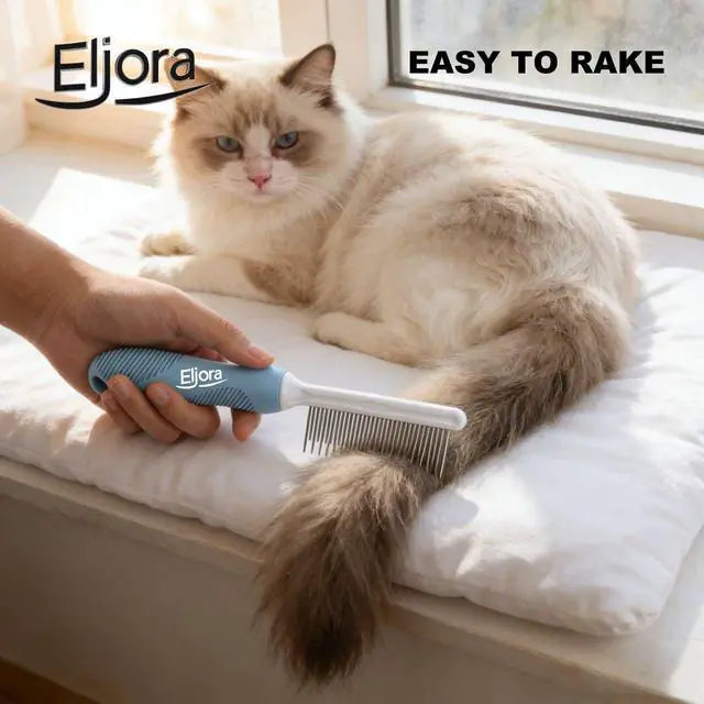 Alt view image 6 of 7 - Pet Grooming & Dematting Comb Stainless Steel Teeth, Non-Slip Grip, Removes Mats & Tangles, Gentle Deshedding Tool for Long & Short Hair Dogs & Cats