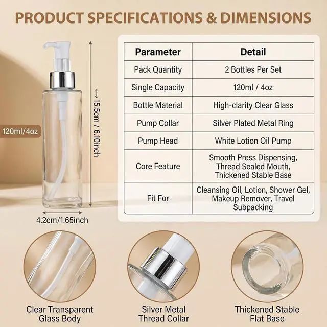 Alt view image 2 of 7 - 2Pcs 120ml/4oz Transparent Glass Lotion Bottles with Pump Top Empty Refillable Liquid Soap Dispense Press Bottle Toiletries Containers for Essential Oils Shampoo Gel