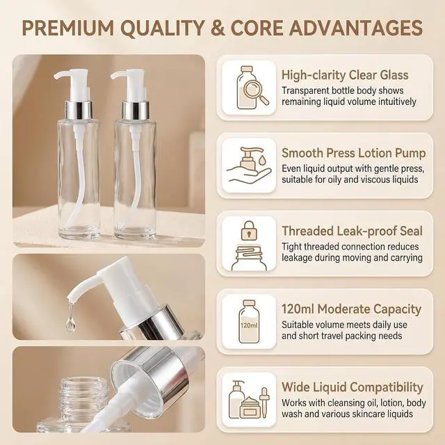 Alt view image 3 of 7 - 2Pcs 120ml/4oz Transparent Glass Lotion Bottles with Pump Top Empty Refillable Liquid Soap Dispense Press Bottle Toiletries Containers for Essential Oils Shampoo Gel