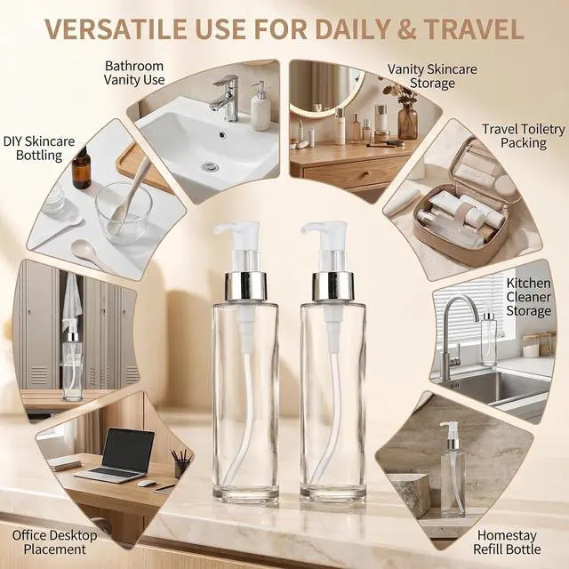 Alt view image 5 of 7 - 2Pcs 120ml/4oz Transparent Glass Lotion Bottles with Pump Top Empty Refillable Liquid Soap Dispense Press Bottle Toiletries Containers for Essential Oils Shampoo Gel