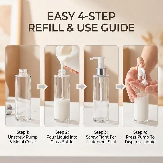 Alt view image 6 of 7 - 2Pcs 120ml/4oz Transparent Glass Lotion Bottles with Pump Top Empty Refillable Liquid Soap Dispense Press Bottle Toiletries Containers for Essential Oils Shampoo Gel