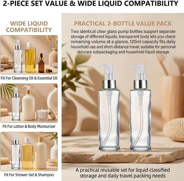 Alt view image 7 of 7 - 2Pcs 120ml/4oz Transparent Glass Lotion Bottles with Pump Top Empty Refillable Liquid Soap Dispense Press Bottle Toiletries Containers for Essential Oils Shampoo Gel