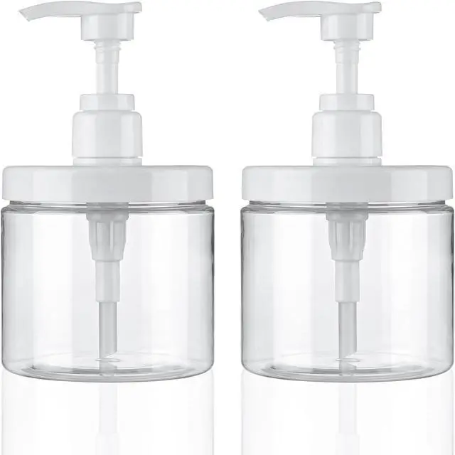 Main image of Cosywell Pump Bottle Dispenser Plastic 500ml Refillable Bottles | Wide Mouth Jar Style with Pump, Empty Bathroom Shower Containers, for Lotion, Shampoo, Conditioner, 2Clear