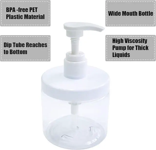 Alt view image 3 of 7 - Cosywell Pump Bottle Dispenser Plastic 500ml Refillable Bottles | Wide Mouth Jar Style with Pump, Empty Bathroom Shower Containers, for Lotion, Shampoo, Conditioner, 2Clear