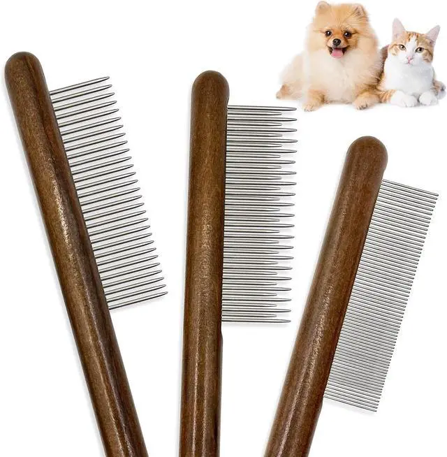 Main image of 3 Pack Solid Wood Cat Combs, Stainless Steel Teeth for Cat Dog Rabbit Massage, Flea Lice Comb Removes Mats, Tangles and Loose Fur, Grooming Comb for Small Medium Pets