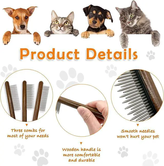 Alt view image 2 of 6 - 3 Pack Solid Wood Cat Combs, Stainless Steel Teeth for Cat Dog Rabbit Massage, Flea Lice Comb Removes Mats, Tangles and Loose Fur, Grooming Comb for Small Medium Pets