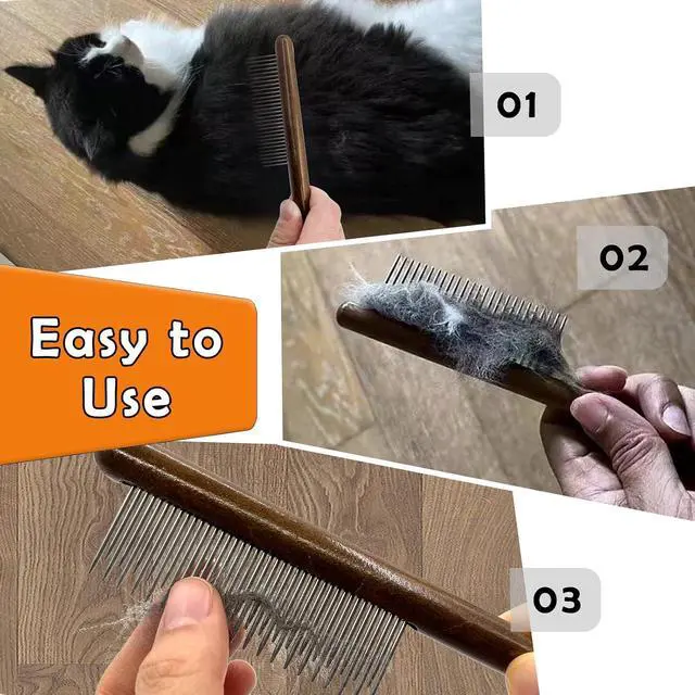 Alt view image 5 of 6 - 3 Pack Solid Wood Cat Combs, Stainless Steel Teeth for Cat Dog Rabbit Massage, Flea Lice Comb Removes Mats, Tangles and Loose Fur, Grooming Comb for Small Medium Pets