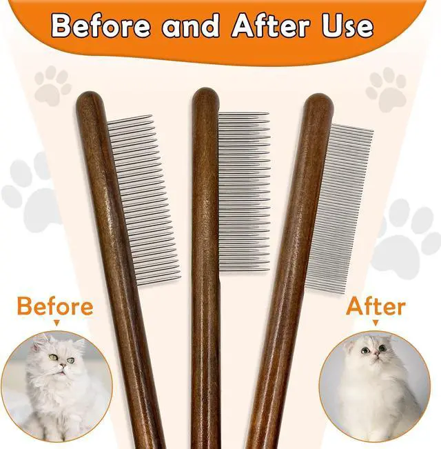 Alt view image 6 of 6 - 3 Pack Solid Wood Cat Combs, Stainless Steel Teeth for Cat Dog Rabbit Massage, Flea Lice Comb Removes Mats, Tangles and Loose Fur, Grooming Comb for Small Medium Pets