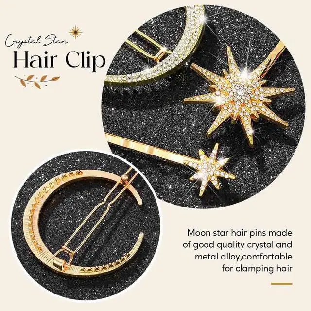 Alt view image 4 of 7 - BARTOSI Moon Star Hair Clips Gold Stars Hair pins Crystal Celestial Hair Accessories for Women and Girls (Pack of 3)