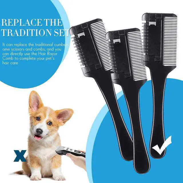 Alt view image 4 of 6 - 3 Pcs Pet Grooming Razor Comb with 50 Replacement Blades - Double Sided Hair Trimmer, Cutter and Scissors Tool for Dogs and Cats(Black)