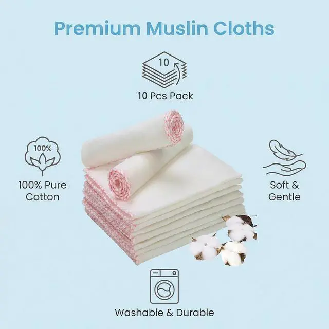 Alt view image 3 of 7 - Soft Face Muslin Cloths Pure Cotton Facial Cleansing Cloths Reusable Polishing Cleanser- Pack 10 (Pink Edge)