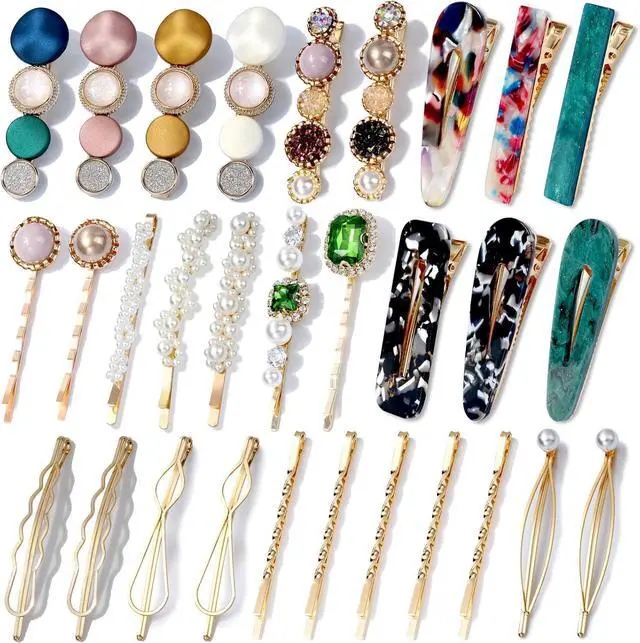 Main image of 30 Pcs Acrylic Resin Barrettes, Cridoz Barrettes and Pearl Hair Clips for Women, Banges Hair Accessories