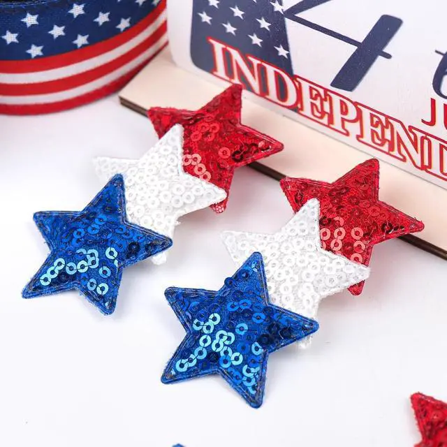 Alt view image 4 of 7 - YanJie 4th of July Hair Bow Clips Blue Glitter Bow Red Star Hair Clips Hair Accessories White Sparkly Little Baby Alligator Clips Barrette Gift