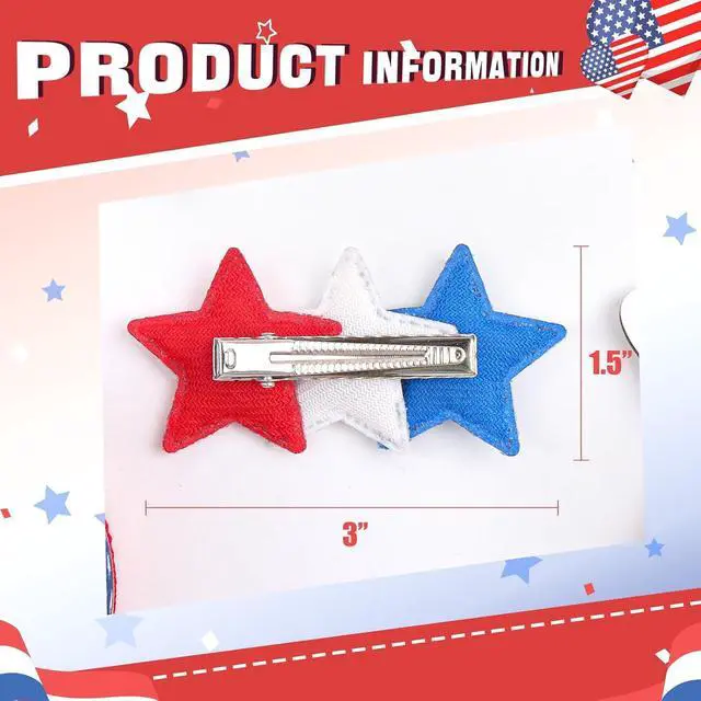 Alt view image 6 of 7 - YanJie 4th of July Hair Bow Clips Blue Glitter Bow Red Star Hair Clips Hair Accessories White Sparkly Little Baby Alligator Clips Barrette Gift
