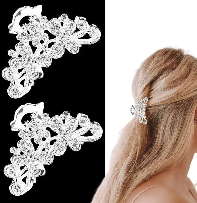 Main image of 2 PCS Rhinestone Hair Claw Clips for Women, Fancy Sparkly Crystal Bling Silver Hairpin Fashion Glitter Diamond Vintage Bride Hair Accessories for Wedding Party Dance Prom Date(Classic)