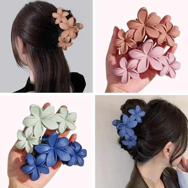 Alt view image 4 of 6 - 4PCS Plumeria Hawaiian Flower Claw Clips - Large Strong Hold Beach Hair Accessories for Thick Hair (Colorful)