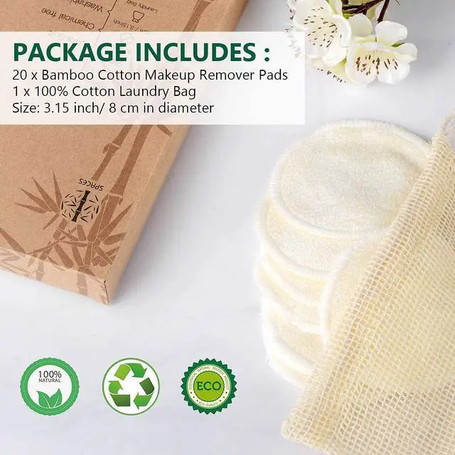 Alt view image 2 of 6 - 20 Packs Organic Reusable Makeup Remover Pads, Washable Bamboo Cotton Rounds for All Skin Types with Cotton Laundry Bag