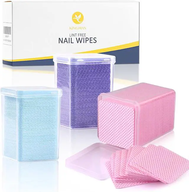 Main image of KINGMAS 600Pcs Lint Free Nail Wipes, Nail Polish Remover Cleaning Pads | Non-Woven Fabric Lash Extensions Glue Cleaning Wipes Salon Supplies (Pink, Blue, Purple)