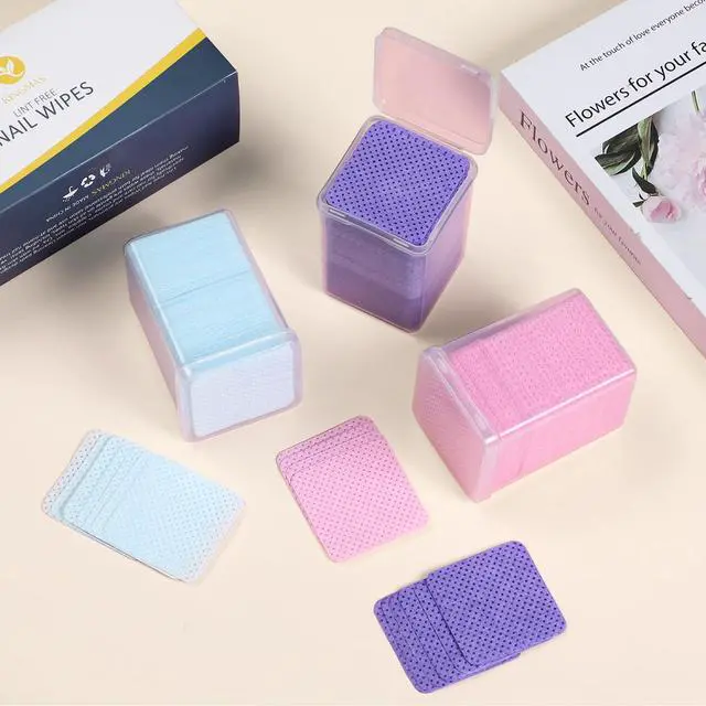 Alt view image 7 of 7 - KINGMAS 600Pcs Lint Free Nail Wipes, Nail Polish Remover Cleaning Pads | Non-Woven Fabric Lash Extensions Glue Cleaning Wipes Salon Supplies (Pink, Blue, Purple)