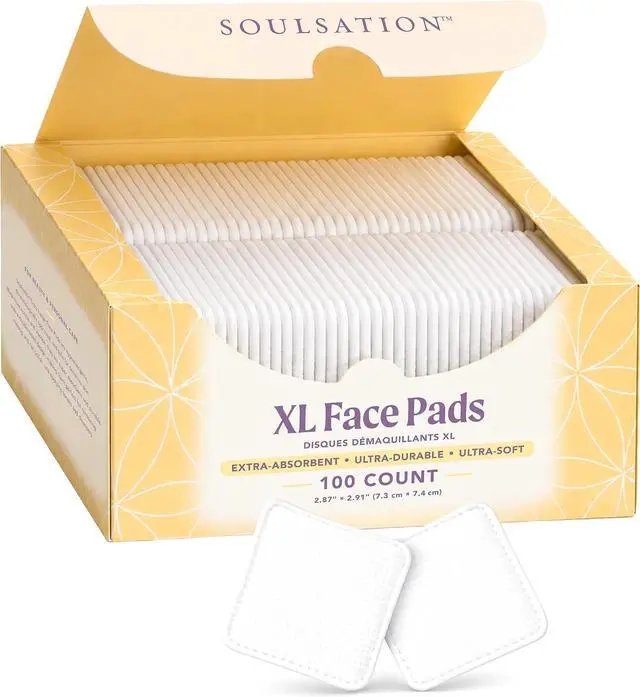 Main image of SoulSation Extra Large Face Pads (100 Count) - Durable, Absorbent, Hypoallergenic, Dermatologically Tested - Removes Makeup & Nail Polish, Apply Cleansers & Toners & Micellar Water