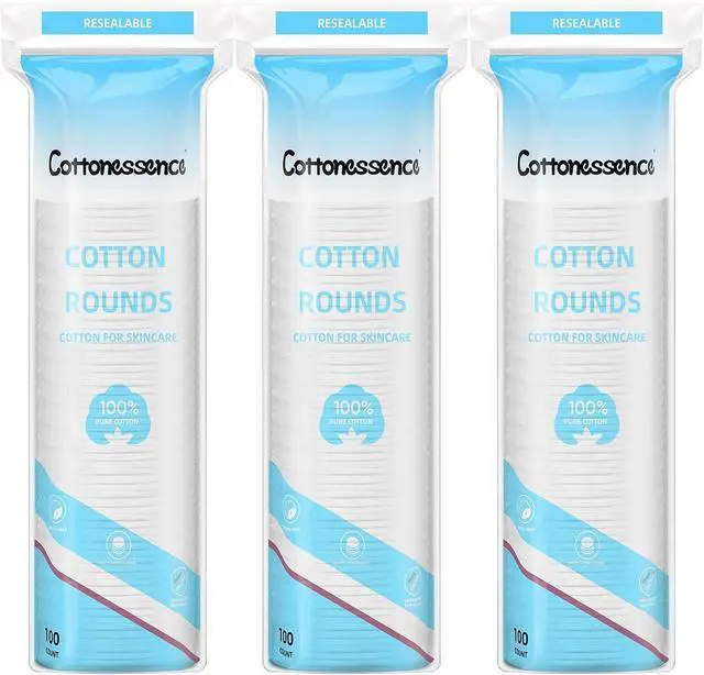 Main image of Cotton Rounds for Facial Cleansing and Nail Polish Removal (300count) - 100 Count, Pack of 3,100% Pure Cotton, Hypoallergenic Makeup Remover Pads, Lint-Free Multi-Layer Design