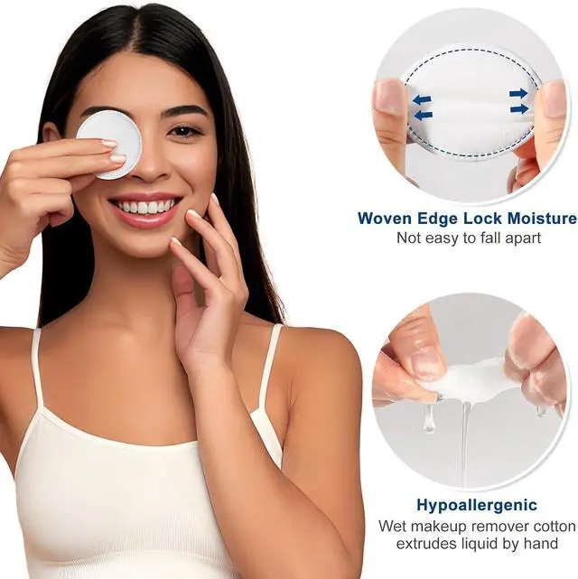 Alt view image 6 of 7 - Cotton Rounds for Facial Cleansing and Nail Polish Removal (300count) - 100 Count, Pack of 3,100% Pure Cotton, Hypoallergenic Makeup Remover Pads, Lint-Free Multi-Layer Design