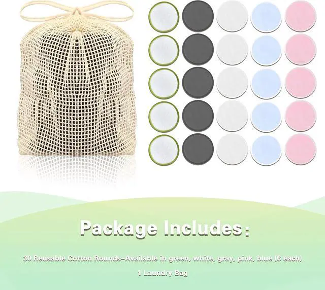 Alt view image 6 of 7 - Chloven Reusable Cotton Rounds 30 Pack Washable Bamboo Makeup Remover Pads | Reusable Cotton Pad for Toner and Gentle Cleansing Reusable Face Pads for Skincare & Nail Polish Removal with Mesh Bag