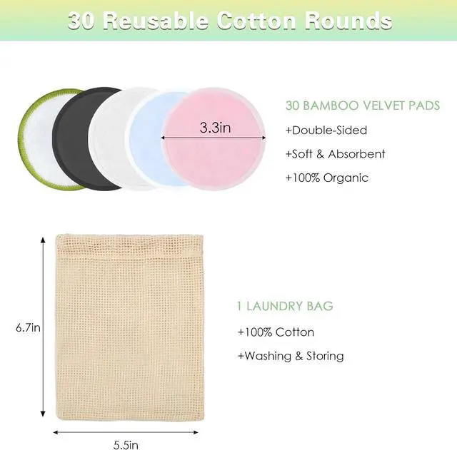 Alt view image 7 of 7 - Chloven Reusable Cotton Rounds 30 Pack Washable Bamboo Makeup Remover Pads | Reusable Cotton Pad for Toner and Gentle Cleansing Reusable Face Pads for Skincare & Nail Polish Removal with Mesh Bag
