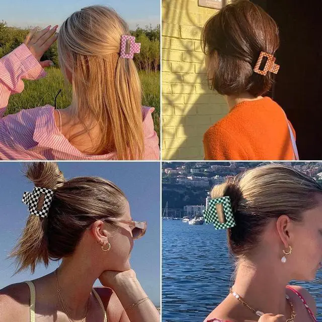 Alt view image 4 of 7 - Ahoney 4 Pack Checkered Hair Claw Clips for Thin Hair Y2k Hair Accessories | 2" Small Hair Clips for Thick Hair Cute Hair Clips for Women Girls