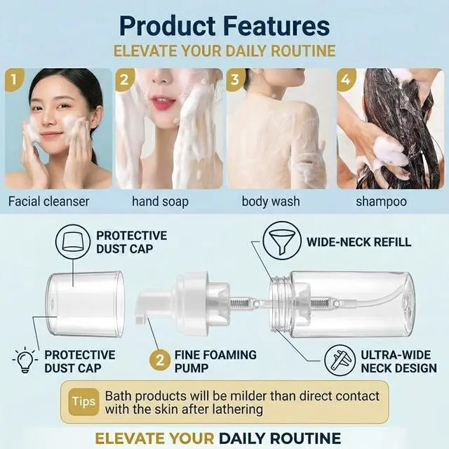 Alt view image 2 of 7 - 3-Pack Travel-Sized Foaming Pump Bottles - Empty Foaming Liquid Soap Dispensers - for Refillable Travel Hand Soap Shampoo Foaming Castile Cosmetics - BPA Free (100ml/3.3oz) (Clear)
