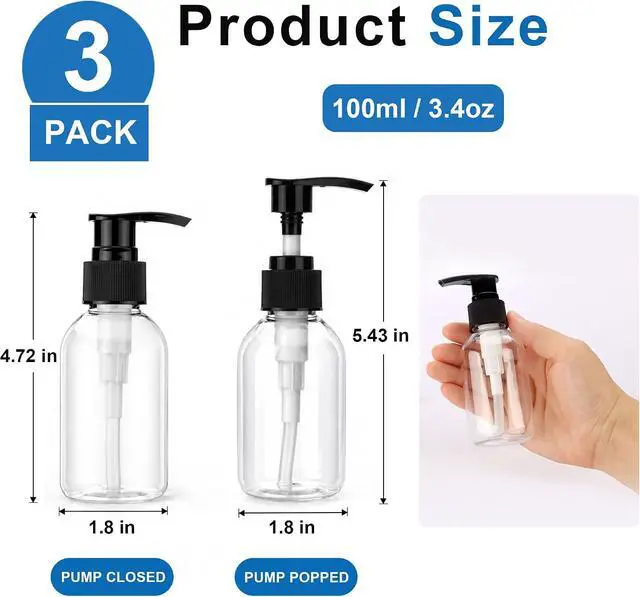 Alt view image 5 of 7 - 3 Pack 3.4oz (100ml) Empty Pump Bottles Jansburg Clear Lotion Dispensers | Refillable Plastic Bottles Leakproof Containers for Essential Oil Soap Lotion Shampoo