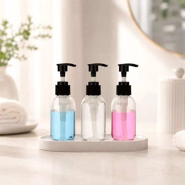 Alt view image 6 of 7 - 3 Pack 3.4oz (100ml) Empty Pump Bottles Jansburg Clear Lotion Dispensers | Refillable Plastic Bottles Leakproof Containers for Essential Oil Soap Lotion Shampoo